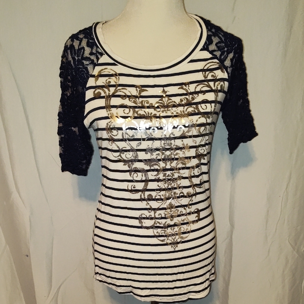 Daytrip Blue and Gold Striped Tee with Lace Sleeves